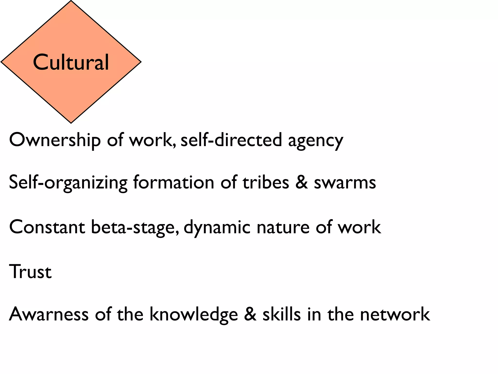 Cultural


Ownership of work, self-directed agency

Self-organizing formation of tribes & swarms

Constant beta-stage, dynamic nature of work

Trust

Awarness of the knowledge & skills in the network
 
