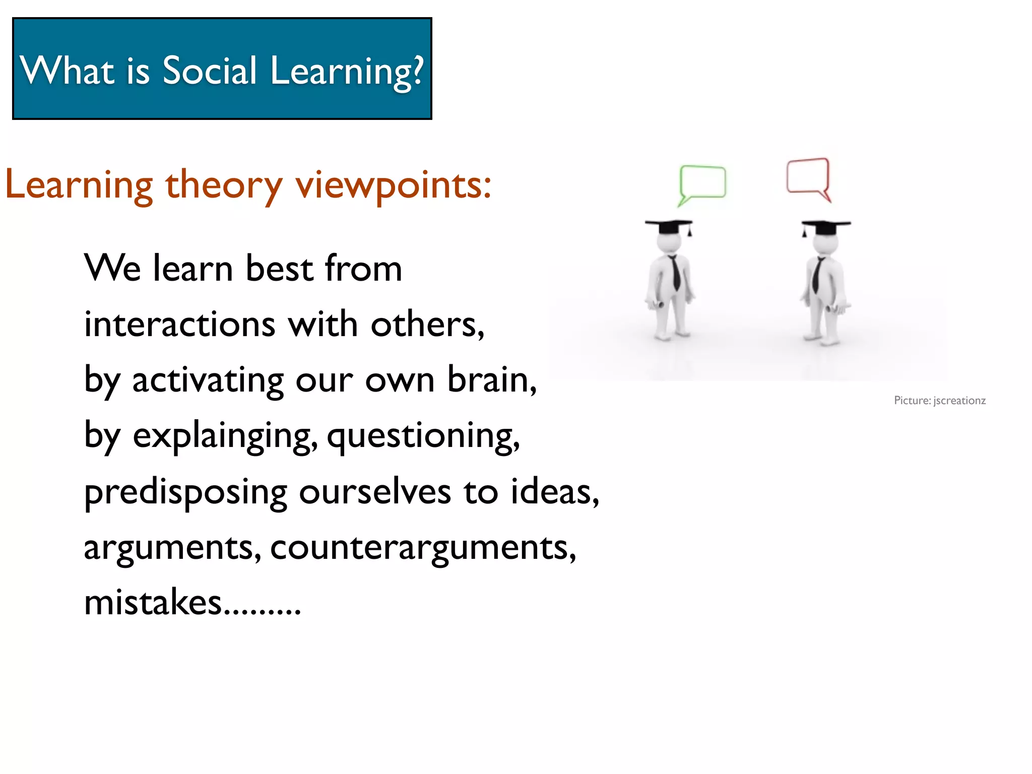 What is Social Learning?

Learning theory viewpoints:
    We learn best from
    interactions with others,
    by activating our own brain,       Picture: jscreationz


    by explainging, questioning,
    predisposing ourselves to ideas,
    arguments, counterarguments,
    mistakes.........
 