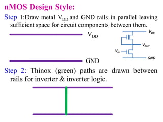 nMOS Design Style:
Step 1:Draw metal VDD and GND rails in parallel leaving
sufficient space for circuit components between them.
VDD
GND
Step 2: Thinox (green) paths are drawn between
rails for inverter & inverter logic.
Vin
VOUT
VDD
GND
 