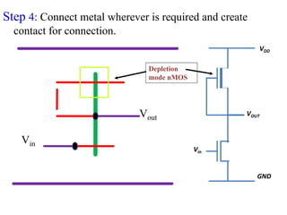 Step 4: Connect metal wherever is required and create
contact for connection.
Vout
Vin
Vin
VOUT
VDD
GND
Depletion
mode nMOS
 
