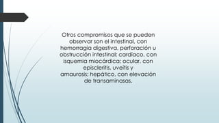 Otros compromisos que se pueden
observar son el intestinal, con
hemorragia digestiva, perforación u
obstrucción intestinal; cardíaco, con
isquemia miocárdica; ocular, con
episcleritis, uveítis y
amaurosis; hepático, con elevación
de transaminasas.
 