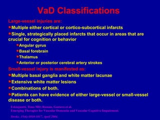 Large-vessel injuries are:
Multiple either cortical or cortico-subcortical infarcts
Single, strategically placed infarcts that occur in areas that are
crucial for cognition or behavior
Angular gyrus
Basal forebrain
Thalamus
Anterior or posterior cerebral artery strokes
Small-vessel injury is manifested as:
Multiple basal ganglia and white matter lacunae
Extensive white matter lesions
Combinations of both.
Patients can have evidence of either large-vessel or small-vessel
disease or both.
Erkinjuntti, Timo MD; Roman, Gustavo et al.
Emerging Therapies for Vascular Dementia and Vascular Cognitive Impairment.
Stroke. 35(4):1010-1017, April 2004.
VaD Classifications
 