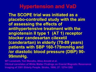 Hypertension and VaD
The SCOPE trial was initiated as a
placebo-controlled study with the aim
of assessing the effects of
antihypertensive treatment with the
angiotensin II type 1 (AT 1) receptor
blocker candesartan cilexetil
(canderartan) in elderly (70-89 years)
patients with SBP 160-179mmHg and
/or diastolic blood pressure (DBP) 90-
99mmHg.
WT Lonstreth, Teri Manolio, Alice Arnold et al.
Clinical correlates of White Matter Findings on Cranial Magnetic Resonance
Imaging of 3301 Elderly People. Stroke, 1996; 27: 1274-1282
 