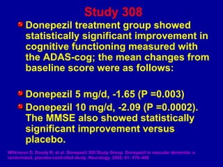 Donepezil treatment group showed
statistically significant improvement in
cognitive functioning measured with
the ADAS-cog; the mean changes from
baseline score were as follows:
Donepezil 5 mg/d, -1.65 (P =0.003)
Donepezil 10 mg/d, -2.09 (P =0.0002).
The MMSE also showed statistically
significant improvement versus
placebo.
Wilkinson D, Doody R, et al. Donepezil 308 Study Group. Donepezil in vascular dementia: a
randomized, placebo-controlled study. Neurology. 2003; 61: 479–486
Study 308
 