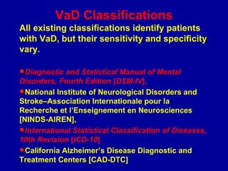 VaD Classifications
All existing classifications identify patients
with VaD, but their sensitivity and specificity
vary.
Diagnostic and Statistical Manual of Mental
Disorders, Fourth Edition [DSM-IV],
National Institute of Neurological Disorders and
Stroke–Association Internationale pour la
Recherche et l’Enseignement en Neurosciences
[NINDS-AIREN],
International Statistical Classification of Diseases,
10th Revision [ICD-10]
California Alzheimer’s Disease Diagnostic and
Treatment Centers [CAD-DTC]
 