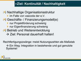 Ziel: Kontinuität / Nachhaltigkeit Nachhaltige Organisationsstruktur im Falle von vascoda der e.V.  Geschäfts- / Finanzierungsmodell(e) nur Projektförderung schwierig nur Eigenfinanzierung schwierig Betrieb und Weiterentwicklung     Ziel: Personal dauerhaft halten! Rechtfertigungszwänge: meist Nutzungszahlen als Maßstab     Ein Weg: Integration in bestehende und gut genutzte Systeme! 