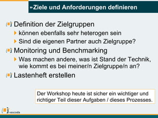 Ziele und Anforderungen definieren Definition der Zielgruppen können ebenfalls sehr heterogen sein Sind die eigenen Partner auch Zielgruppe? Monitoring und Benchmarking Was machen andere, was ist Stand der Technik, wie kommt es bei meiner/n Zielgruppe/n an? Lastenheft erstellen Der Workshop heute ist sicher ein wichtiger und richtiger Teil dieser Aufgaben / dieses Prozesses. 