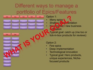 Different ways to manage a 
portfolio of Epics/Features 
Epic 
Feature 
Feature 
Feature 
Epic Epic 
Feature 
Feature 
Feature 
Feature 
Feature 
Feature 
Epic 
Feature 
Feature 
Feature 
Epic Option 1: 
Feature 
Feature 
Feature 
• Many epics 
• Shallow implementation 
• New market / new business 
innovation 
• Typical goal: catch up (me too or 
tick-in-box products for reviews) Epic 
Feature 
Feature 
Feature 
Epic 
Feature 
Feature 
Feature 
Feature 
Feature 
Feature 
Feature 
Feature 
Feature 
Feature 
Feature 
Feature 
Option 2: 
• Few epics 
• Deep implementation 
• Technological innovation 
• Typical goal: Hero products, 
unique experiences, Niche-focused 
products 
 