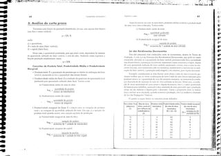 ......" C
V:,""
［ｾＺＧＬ
ＢＢｾＬ
ｉＬＬｾ
:
4

ｴｾ
g
r:t
f;-,
1I
r:'
",
,li:
",
;'/1
'I!:
·,i;
'I'
F
11
t
f.'
,
,
I.
i/li
,,
ii
l
:
!' :
1/'
ｾ !
Ａｾｈ
''I'
i!j:
;."
'1:
i:'
［ｾｾＺ
t:
;'rｾ
I·
I.
11';
61
'.,,- • ＢＭＢｾＧｔＢＢａＺＭＧＭＧ _.
'/>. ' I , ' ,
.,',':',j..'y..•i.:, 'I. '.l.
ＬｾｾＢｾＢＬＬＬＬＬｷＮＢＧｉｯｗＧ .-4C -.
>IO':".',';'}I"::"
ＢＢｾＢ｜ ,." .,{
ＺｾＢＢＺＧ ' .i T ＧＧＧＧｾ
0'0 , .,-,'
P _ quantidade produzido
me, - área cultivado
Pmg = vori<2õo ､ｯ｟ｰｲｯ､ｵｬｾ _
, acréscimo de 1 unidade de órea cullivado
" ｾＬＧＬＺＬＮＬｾ ,'i:ｾｬ［ ＢＺＺＭＮ｜ＧｾＧＧｉｉｴ
c) Procluti,'iehde rnédiJ da [crra:
d) Produtil'iebde marginal eb terra:
Lei dos Rendimentos Decrescentes
() lju;1dro J seguir iltlsrra os (0IH:ciros JCirn;l (kfinidns:
ｆｲｯￔｾＮｾＬＺＧｉｊ :.' custos
Especiiiomel1le no C1S0 cla agricultura, podemos c1c1inir t:lIl1bém a procllltil'idade
do t',Hor [erra (:ireJ cultil'ado), Temos emão:
Um dos conceitos n1Jis conhccidos entre os economistas, dentro da Teoria da
í'roduç:io, é o da Lei ou Princípio dos Rendimentos Decrescentes, que ['orlc ser ｾｳｳｩｭ
Clltlllci:1do: c!c';lndo-sc ;l qUJlltiebdc do fator 'ariJ'c1, pCrIll:lIlCCelldo Í1X:1 a qU:ll1tilhdc
dus l1Clll:1is LltOITS , a produç.lo illici:lllllClltc :lUI11C{1[Jr:l J LlXJ$ CITSCl"lltCS;;1 seguir, depois
cle certa ql1JIHilbdc lllilíZ.l<.L1 do J;Hor 'J.riJ,,c1, COlltillllJ.ri J crescer, In:15 J. taxas dccrcs-
(lHeS (ou scjJ, (oJn :1.créscilllOS eleJa 'ez ｉｮｃｉＱＰｲ｣ｳＩｾ COlltinU;,ndo o incremento da ｬｉｴｩｬｩｾ
ｺ｡￧ｾｯ do t:1tO,- nriál'c1, a produção total chegará a um máximo, I'aro cJepois decrcscer.
Excml,lo: considerando-se dois f.1tores: lerra (lixo) e m:io-de-ob,-a (vari:'(I), ['0-
(icmos 'erificar que. se ｜Ｇｾｬｲｩ｡ｳ corl1bin:lçõcs de tcrr:1 c t1lJo-cic-obra fC)(Cln utilizJJas pJf;l
rrociuzir arroz e se a qU:lntida,Jc de ter,-a 1'0'- m:lInida constante. os oumcntos dJ produ-
ç:io dCpClldcL10 do ;111111CIltO (i;, [ll;io-dc ·oh!"J lltilizJ.da 11:1 !;l'oura. Nesse GISn, ;l produ-
ç:lo de ;HTUZ Jl1I1KJ1tarJ. até certu pOlltO c ciepois dccrcsCt:d, isto é, J Ill;1ior ｱｬｬ［ｬｬＱｴｩ､ｾｬ､｣
de homens P:"J trJballl:1r, associad:l " área comtante de terra, permitir;; que a prodllção
cresça ;1té unl ｭｾ｢Ｚｩｭｯ c depois P;lSSC ;1 dt:crcsccr. Como a proporç:io entre (lS t'Jtorcs
lixo c l':)I'i:"'el vai se .1ltcrJl1do, quondo allmef1lJ J produç50, essa Lei também é challlada
de Lci d,15 Pro!,(}}'çúcs F:Jri.íl'ClS,
Terra [fator fixol Mâo·de·obra IProdulalalal) Produtividade media Produtividade marginal
(alqueires) (fafar variável) (toneladas) da mõo·dc·obra da mão-de-obra
(1) (cm milhares de (3) (toneladas) (toneladas)
trabalhadores) (4) =(3) : (2) (5) =ｾＢＮＧｩＮＧＺＵ￣｡ em E)
(2) variaçõo em (2)
10 I 6 6,0 6
10 2 14 7,0 8
10 3 24 8,0 10
10 4 32 8,0 8
10 5 38 7,6 6
10 6 ,12 7,0 4
10 7 ,14 6,2 2
10 8 d4 5,4 O
10 9 42 4.6 -2
ＧｬｾＬＧＺＺ ｨﾷＱＧ［ＢＬＬ［ｾＡＬＯ｜ＬＺＬ［ＮｲＺＢ ￢＿ｩｾ［ＺＧＬ
Fundam::onto'i de Ecol1om:..1
tf?1.
ｾ
fi!.
p:
r
r
r
ｾ
ft?'
..ｾ
ｾ
ｾ
ｾ
ｾ
(;Bc
ｾＮ
Pl
pl
pl
,-1
! . I
,.
',-'
rI
ｾｦ
r..••..1
1
.•
ｾＮ
fiA
----.------ ,." f!i'l
ｾＮ
"""'..ＧＭ［［ｾＬＢＢＢＢＬｾＬﾷＢＢＬＢ ..ｾｾＮＬｾＧ［ＮＬＬﾷﾷｾｾＧｾｦＮ ...ＬＢＡＧＺＱＢｦｾＮＮＬＮＬＮＬＮｾｾＬ［Ｇ｜ﾷＭｾＱＺＧ￪ＢＢｾｳＮＢＢＺＺｾＢＧｲＢｾ［ｲﾷｾＢＬＮｴＮＧｨＢＢＱＢＧ［Ｌ［ＬＮｾＡ＾ＧｾｾＧＺＧＬＢｉＺ･ＬＬＢＢｗｦ｜ＢＨＮｷＬ｟ｾ＿ＢｾｴｴＢＧｾＬＬｉＢ ',"H ' ';, ｾＬＺＢｾｾｾｾｾｾＬｾＢＢＢＢＢＧｉＧｲＮ .....ｾｉＢｉＡＧｉＢｲＮＧＮＮ｟｟ｾＧｦＮＮＮＬ ••ｾｾｾＩ
ＬＭＧＷＭ｣ＭＭＭＭＭＭＭＢｾＢｦＸａｩｉｩｾＧＥｩＺＧＢＭｾｾｾｩ［ＮｾＺﾷＧＺＧＢｾﾷﾷＬＱｾＺＺ［ｾ｡ｬｴｾＧｾＺＬ￭ｩｾＬｾｾＮｲＺ［［ＺＮＺＮｩＺ［ｾｦＺＺＺＺｬｩＺＺＧｾＮｊｬＺＧｾｾＺＺｾｴＺＧＮｾﾷＧｾｾＡＺＱＺｾＺｾｾｾ［ＧｾＺＺＬｾＺＺＬＬｾＺ［［ｾＺＺＱ ＬｾｾＮｾＺＺＬｾＧＬｾｉＺＺＺＺｾｾＬｾｾｬＮＬｾｾｫｾｩｾＧｾＧｾＬｾＬＮＧＢＬＺＧＢＮﾷ
q = flNJ
q=f[N,K)
ＢﾷＧＺ［ＮﾷﾷＬｾＢﾷＧＺｻＧＺＬ･Ｇ
Pme = ｳｾｯｮｬｩ､ｯ､ｾ｟ do produto
I numero de maquinas
P
auantidode do produto
me = --:'-'---,-------;--
, ｾＺＮｾＬｾＮｾＮＭｊｾ ＧＮｾｫｾｬｨｯ､ｯｲ･ｳ
P vorioção do produlo
mg1 = acréscimo de 1 unidade do falar eopilol
voriaçõo do produto
Plng, = ｾ __:__ J_ , ＬＬｾＺｊＭ｟ＮＭｊ｟ＮＭｊ｟ ｾ｟ .-Je-obro
de Produto Total, Produtividade Média e Produtividade
b) Produtividade média do copital:
a) Produtividade média da rnão-de-obra:
b) Produtil'j(hde morginal do cal'il:1I:
Produtividade margil:11 do fator: ｬｾ a re!Jção elllre os I':lriaçôes do lJroduto
Lotai c "s I'Jriações da qU:lI1ti<bdc utilizada do I:ltol'. Ou seja, é a I'ari:lção do
produto total quando ocorre umo nri.lç:io no t:,tor de prodIlÇ:io,
o) l'rodmividade lllarginJ da n1Jo-de-obr:1:
60
Tomemos uma ｦｵｮ￧ｾｯ de ｰｲｯ､ｵ￧ｾｯ simplilical1J, ou seja, com apenas dois EHores
(um fixo e Outro variável):
3. Análise de curto prazo
onde:
q = qual1tidade;
N = ｬＱＱｾｯＭ､･Ｍｯ｢ｲ｡ (fator nriávcl);
K ｾ eapit:l1 (f:nor fixo),
Conceitos
Marginal
• Produto total: É o quanrid"de do produto que se obtém da ｵｬｩｬｩｺＢ￧ｾｯ do jótor
l'OI-i:íl'eI, m"ntendo-se fixa a quantid"dc dos demais falores,
• Produtividade média do f"tor: É o resultado do quociente da qU;1I1ti(bcle total
rroduzida pela qU"lHidadc miliz"d" clesse faror. Temos ･ｬ｜ｾ￣ｮＺ
Nesse caso, a qual1ti(bde produzida, para que possa variar, dependerá da ｉＧ｡ｲｩ｡￧ｾｯ
da quantidode utilizada do fator nri:vcl, a m:io-de-obra, Podemos ･ｬＱｴｾｯ expresso r a
ｦｵｮ￧ｾｯ produção simplesmente cama
1
ｾＮ｜ＢＬ
｟ｾｬ［Ｇ
-
..
..
..
...
..
..
..
..,.
•
•
-
•
..
 