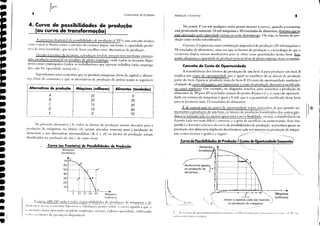 Curva (ou Fronteira) de Possibilidades de Produção
Alimentos
(toneladas)
ｾ
*
5
Máquinas
(milhares)
ｩＧｾ ....
I _ _
ｾ
ＭＧＭｾＭ｟Ｎ｟ｾ
,
: :''
I •
-- -- - - -- - - --1- --- - r- - I
I I I
I I I
-- ---- --- ---f- --- -:- -- i - f
I I I I
I I I I
ＭＭＭＭＭＭＭＭＭＭＭＭｾＭＭＭＭｾＭＭＬＭＭｾＭ
I I r I I
I I I I I
ＭＭＭＭＭＭＭＭＭＭＭｩＭＭＭＭｾＭＭＭｾＭｩＭｾＭ
I t i l I I
I I I I I I
.-? .,..c: .... .. li ....
leVill1 a ｱｬｬ･Ｈｾ､｡ vez maiore;)
na produção de máquinas "
 '. C)
"T:::==r'
ｾｩｧｕ｡ｩｓｌ na produção ､ｾ r-
｡ｬｩｲｮｾｮｴｯｳＢＬ
Conceito de Custo de Oportunidade
A transferência dos fatores de produção de um bem A para produzir um bem B
implica um custo de oportl1nidade que é igual ao sacriHcio de se deixar de produzir
parte do bem A para se produzir mais do bem B. O custo de oportunidade também é
chamado de CllSto a1tem.ltil'o, por representar o custo da produção alternativa sacrificada_,
ou custo implícito. Por exemplo, no diagrama anterior, para aumentar a produção de
alimentos de 30 para 45 toneladas (passar do ponto B para o e), o custo de oportuni-
dade em termos de máquinas é igual a 5 mil, que é a quantidadcsacriticada desse bem
para se produzir mais 15 toneladas de alimentos,
É de esperar que os custos de oportunidade sejam ｡｣ｳｅｾＺＺｊＮｴｾＺｳＬｪ￡ qu: t]uando au-
ｾＡｾｴ｡ｭｯｾｾＮＡｯ､ｬＡｩＺｾｾｬｩＺＬＢｾＡｉＡＡｬｾｾＮＮＡＮｬＡＬＢＨＡｳｴｾＡＨＩｲｾ｟ｾｾｬ｣ＺｰｲｾＩｬｬｵｳ￣ＨＩ ｴｲ｡ｮｳｦｬＧｲｩ､ＨＩｳＹＮＮＨ＿ＵｾｾｾＮｌＮｬｴｅＨＩｾｾﾭ
dutos se tornam cada vez menos aptos para a nova finalidade, ou a transferência vai
tlcando cada vez mais difkil e onerosa, e o grau de sacrifTcio vai aumentando. Esse fàto
justifica o té:>rmato côncavo da curva de possibilidades de produção: acréscimos iguais na
produção dos alimentos implicam decréscimos cada vez maiores na produção de máqui-
nas, como mostra () gráfico a seguir'. ｾｾｾＧＢＧ "" "_
Curva de Possibilidades de Produção ｾｃｵｳｴｯｳ de Oportunidade ｣ｲ･ｳｾ
<::.........
2. Se os custos de opor! ｴｬｬｬｩ､ｾｨｫ ji lSSCIll rI IIlSLl11tcs, ｾｬ ( '(lI' seria llllLI rcl.l; s.... ti l..."'I11 11('( I C"'( ('I llt"", .1 ( '1'1' '11.
CtlI1H':J em rcLI,1().1 orif,l'Ill.
No ponto Y (ou em qualquer outro ponto interno à curva), quando a economia
está produzindo somente 10 mil máquinas e 30 toneladas de alimentos, dizemos que se
está operando som capacidade ociosa ou com desemprego. Ou seja, os fatores de pro-
dução estão sendo subutilizados.
O ponto Z representa uma combinação impossível de produção (25 milnüquims e
50 toneladas de alimentos), uma vez que os fàtores de produção e a tecnologia de que a
economia dispúe seriam insuticiclltes para se obter essas quantidades desses bens. Esse
ponto ultrapassa a capacidade de produção potencial ou de pleno emprego dessa econoln@.
Introdução à Economia
'
,
, :L"
, .........
Fundamentos de Economia
IA
D
10 15 20 25
5
I
- - - _I
-----1==
I
I
- - - I •
-çt' -ＭＱＭＷｾ B
I I
I I
I I
I I
I I
70' E
60
50
40
30
20
10
flJM
4
4. Curva de possibilidades de produção
(ou curva de transformação)
A ClIIT<l (ou !i-ollteir:l) de possibilidades de produçào (CPP) é um conceito teÓrico
com o qual se ilustra como a qucst;O da cscassez impúe um limite ;1 capacidade produ-
til'a de uma sociedade, que terá de t:Jzcr escolhas entre alternativas de produção,
Ik'ido:t escassez de recursos, a produ<;ào total de um país tem um limite nÜximo,
uma produçào potencial ou produto de pleno emprego, onde todos os recursos dispo-
níveis estão empregados (todos os trabalhadores que querem trabalhar estào emprega-
dos, nào há capacidade ociosa etc).
Suponhamos uma economia que só produza máquinas (bens de capital) e alimen-
tos (bens de consumo) e que as alternativas de produção de ambos sejam as seguintes:
Alternativas de produção Máquinas (milhares) Alimentos (toneladas)
A 25 O
B 20 30
C 15 45
O 10 60
E O 70
Na primeira altcrnativa (A) todos os btores de produção seriam alocados para a
ｰｲｯ､ｵ￧ｾ｜ｯ de máquinas; na última (E) seriam alocados somente para a produção de
alimentos; e nas alternativas intermediárias (B, C e D) os f.ltores de produção seriam
distribuídos na produção de um e de outro bem,
Máquinas
(mil""",,,)
Ｏ｜Ｎ｟｣ｵｲ｜Ｇｾｬ A1W1J/: indica todas as ｰｯｳｳｩｬｾｩｬｩ､｡､｣ＲＮＭｬｾｾｊｾｾＨＡ｟ｬＡＡＺｳＬｾＨＩＨｬ｣Ｌ ｭ￡ｱｾＧｩＮＡｾ［Ａｾ｟＼ＮＺｾ｣
,dl""'lIlos lIess;) erollomi; iJipotélil'.l <)lIal<]lIer ponto sobre a 1'lIr'a signific qlle ;
( I 111)' )mi;) eS(;ILí operando l10 pkno emprego, ou seja, a pkl1a capacidade, utilizando
I. "los os Ellores de produção disponíveis,
-
...
ti
 