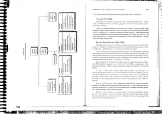 Ô
<O
o
-H"0<
ｾ .g'" . ｾ ｾ ｾＺｾＧＶ ｾ
o '" ｾ v;- 'õ E "2 o -,3 '"
Õ E '" cu c." o E o E
'ü '" o ° ." o Z <C -;;; .;;
o ｾ .;! z 2' > o o "o
ｚＢｅｾ -:ij ""ô1;
o '" 'o ｾ ｾ o ou",
ｾ
u ｾ c o ｾ v v c ｾ
c"'o v" "Co",
,80.;j ｝ｾ .,8,8",,,
-----.----"' ｾ ..Ii.IooIo"".:..'"...,.·:•ＮＮＮＮＮ｟ｵｾ｜ｾｾｬｗ｡Ｇ￺ｾｾ｟ＮＮ｟ＮＺｾｾｾｉｉｉｉｩＮｾＺ｟ ..':,........
Período das Reformas (1964-1965)
i;
; ｾ
.ｾ
:i
iI
il
11'
,i
:!/
li
,',
,
I
i
,
I,
li
ｾ f
1I
:1
·'rl'.';",',"'-·.I
, ＢｾＺｾＢＧｩＢ［
ji"Xt;'r:
··kl l
i'f·l
Ｂ＼ｬＧｾ ',.
153
Período 1945-1965
7.3. Os intermediários financeiros do Brasil: breve histórico
OeterTninaçào da renda e do produto ,",(ional: O lado moncl,Vio
Nesse período promoveram-se reformas importantes na eeonomia brasileira. Des-
tacam-se: a criaç:io de um sofisticado esquema de incentivos fiscais 3 exportaçjo, a refor-
ma tribut:iria, a reforma baneária e a reforma do mercado ele capitais.
/. área financeira sotreu mudanças profundas desde 1964; isso porque, apesar de
todo o desenvolvimento do período anterior, até meados dos anos 60 o mereado finan-
ceiro consistia basicamente no mercado bancario, espeeializado em empréstimos de cur-
to prazo, em decorrência da inlhç:io crônica e ascendente e da Iimit'lção imposta 3S taxas
de juros pela lei da usura (Dee. n. 22.626, de 7-4-1933).
Por meio da Lei n. 14.380, de 21-8-1964, criou-se o Banco Nacional da Habita-
ç:io (I3NH, extinto pelo Dec.-Lei n. 2.291, de 21-11-1986 e incorporado à Caixa
Econômica Federal - CEF) e institucionalizou-se o Sistema Financeiro da Habitação
(SFH). •
Criou-se a Superintendência da Moeda e do Crédito (Sumoc) como ôrg:io
normativo. Foram criados também o Banco Nacional de ｄ｣ｳ･ｬｬｶｯｨｾｭ･ｮｴｯ Econômico
(BNDE, atual BNDES), o Banco do Nordeste do Brasil (BNI3), o Banco da Amazônia
e o Banco Regional de Desenvolvimento do Extremo-Sul. Hou'e, por sua 'ez, e de
forma autônoma, um crescimento das companhias de crédito, financiamento e investi-
mento ao longo desse período.
1:: a Lei n. 4.595, dc 31-12-1<)6-+, dispúe sobre a política e as illStituições mo-
net:irias, bncarias e C!'editícias e cria o Conselho Monetário Nacional. ü Sistema Finan-
ceiro Nacional (SFN), de acordo com o art. 1Q da lei, passou a ser constituído pelo
Conselho Monet:irio Nacional, o Banco Cel1tral do .Brasil, o Banco do Brasil, o Banco
Naciol1al de ｄ･ｳ･ｬＱ｜ＧｯｨＧｾｭ･ｭｯ Econômico c demais instituições financeiras públicas e
prindas.
1 Lei n. 4.728, de 14-7-1965, disciplinou o mercado de capitais no Brasil e
estabeleceu medidas para seu desenvolvimento. Em seu art. 1Q, essa lei estabelece que os
mercados financeiros c de capitais serão disciplinados pelo Conselho Monetário Nacio-
nal e fiscalizados pelo Banco Cel1tral do Brasil.
/. idéia da reforma era abrir a economia brasileira, de modo a acoplá-Ia ao sistema
financeiro internacional e Com isso internalizar parte da excessi"a liquidez que existia
nos mercados financeiros externos, dc modo a dirigi-Ia para financiar a ｰｲｯ､ｵ￧ｾｯ dos
v:irios setores de ati'idade dom,:"tica.
o crescimento econômico do país observado nesse período, bem corno a existên-
cia de uma inflação crônica e ascendente, propiciou uma acentuada expans:io dos inter-
mediários financeiros.
"

'õ
- "
o"
ｾＮｧ
'" '"
... ｾ
Ｎｾ o 8
'e -[ '§ Ｚｾ
E7S '§ g
8 E u a;
<n .... LU ...,
o o o o
ｾ ｾ Ｎｾ Ｎｾ
o o o o
cOcaUU
ô
ô ｾ ｾ ｾ
Ｎｑ｝ｾ､ｐ￴
ﾧｴｓＧｾ［Ｚｅ
ｾＸｾｾｾＮｧ
ｾｾｾｾＱＭｧ
-000 c .....
ｾ｝｝ＭＸ ｾｾ
ｾ aｾ ｾＧｬＳ ｾ
.'.
,Q
:9
.QJ5
c o o
" E u-
o ｾ E .- c -º
｣ＺＮｑＧｾＮＲＸＮＮ .:.a
ｾ ii ｾ ｾｾＢ Ｎｾ
ｾ ti·; ti ｾ d)
ｾｾ Ｎｑｾｾ ￴ｾ
"; :;; ｾ ｾ ,8 ,5 Ｎｾ
ＭｯＢＢＧｏｅＢＢｯＮＮＮＬＮＮｾ￵
Ô i .Q i ,E, Ｎｾ !
ｾ '51 g'51 ｾＮ li 8
.,8Jí.,ÉVS..'{",u
o;;;
o
àS
o
"8
c
o
'"
L........J
lã .g
.- ,o
.'ª g
"".;; o
-SJ:l
Ｌｾ 11
ｾｩ-s o
'"
-u ｾ
I o ｾ ,Q
'g ｾ 31 ｾ
Ｎｾ ｾｾ ｾ
u ::E
.g
,8 Ｎｾ
r----r--1,
' :{ｾ
p .. ｾ -s"
ｾ
.2 ,g o I-H o o ｾ［［［
ｾＧｾＮｑＭ g-E!i
á8g t&cU o
u:::z u",
ã
c
o
'ü
o
oZ
-u e
0·-
ｾ '"
.i'! u
2 ã
ｾＮｅ
........
o
E
ｾ
v;
::;J
1iJ:l.-,. ,
ＧＧＧＺＩＧＡＬＮｾ
..... ＮＮＺＺＺＮｴｴＧｌｾｊｾ _ _•·
ＢＧＭｾｉｲ
 