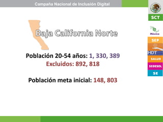 Campaña Nacional de Inclusión Digital
            Vasconcelos 2.0




Población 20-54 años: 1, 330, 389
       Excluidos: 892, 818

Población meta inicial: 148, 803
 