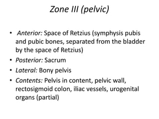 Zone III (pelvic)
• Anterior: Space of Retzius (symphysis pubis
and pubic bones, separated from the bladder
by the space of Retzius)
• Posterior: Sacrum
• Lateral: Bony pelvis
• Contents: Pelvis in content, pelvic wall,
rectosigmoid colon, iliac vessels, urogenital
organs (partial)

 