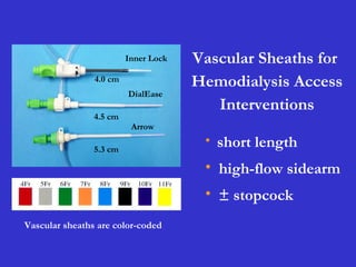 5.3 cm
4.5 cm
4.0 cm
DialEase
Arrow
Inner Lock
Vascular sheaths are color-coded
Vascular Sheaths for
Hemodialysis Access
Interventions
• short length
• high-flow sidearm
• ± stopcock
 
