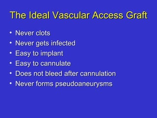 The Ideal Vascular Access GraftThe Ideal Vascular Access Graft
• Never clotsNever clots
• Never gets infectedNever gets infected
• Easy to implantEasy to implant
• Easy to cannulateEasy to cannulate
• Does not bleed after cannulationDoes not bleed after cannulation
• Never forms pseudoaneurysmsNever forms pseudoaneurysms
 