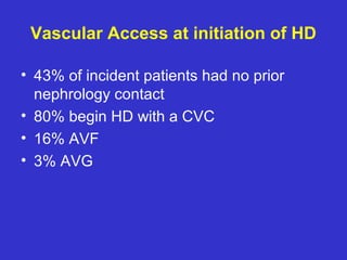 Vascular Access at initiation of HD
• 43% of incident patients had no prior
nephrology contact
• 80% begin HD with a CVC
• 16% AVF
• 3% AVG
 