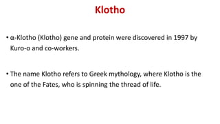 Klotho
• α-Klotho (Klotho) gene and protein were discovered in 1997 by
Kuro-o and co-workers.
• The name Klotho refers to Greek mythology, where Klotho is the
one of the Fates, who is spinning the thread of life.
 