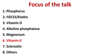 Focus of the talk
1. Phosphorus
2. FGF23/Klotho
3. Vitamin D
4. Alkaline phosphatase
5. Magnesium
6. Vitamin K
7. Sclerostin
8. Others
 