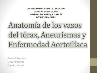 Anatomía de los vasos
del tórax, Aneurismas y
Enfermedad Aortoilíaca
Grace Villanueva
Erika Yantalima
Carolina Yerovi
UNIVERSIDAD CENTRAL DEL ECUADOR
CARRERA DE MEDICINA
HOSPITAL DR. ENRIQUE GARCÉS
DÉCIMO SEMESTRE
 