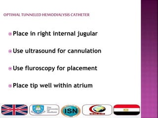  Place in right internal jugular
 Use ultrasound for cannulation
 Use fluroscopy for placement
 Place tip well within atrium
 