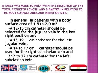 In general, in patients with a body
surface area of 1.5 to 2.0 m2
-A 12-15 cm catheter should be
selected for the jugular vein in the low
right position and
-A 15-19 cm catheter for the left
jugular vein.
-A 14 to 17 cm catheter should be
used for the right subclavian vein and
A17 to 22 cm catheter for the left
subclavian vein.
 