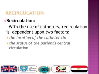 Recirculation:
With the use of catheters, recirculation
is dependent upon two factors:
 the location of the catheter tip
 the status of the patient's central
circulation.
 