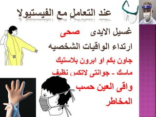 ‫مع‬ ‫التعامل‬ ‫عند‬‫الفيستيوال‬
‫االيدى‬ ‫غسيل‬‫صحى‬
‫الشخصيه‬ ‫الواقيات‬ ‫ارتداء‬
‫بالستيك‬ ‫ابرون‬ ‫او‬ ‫بكم‬ ‫جاون‬
‫ماسك‬-‫نظيف‬ ‫التكس‬ ‫جوانتى‬
‫تقيم‬ ‫حسب‬ ‫العين‬ ‫واقى‬
‫المخاطر‬
 