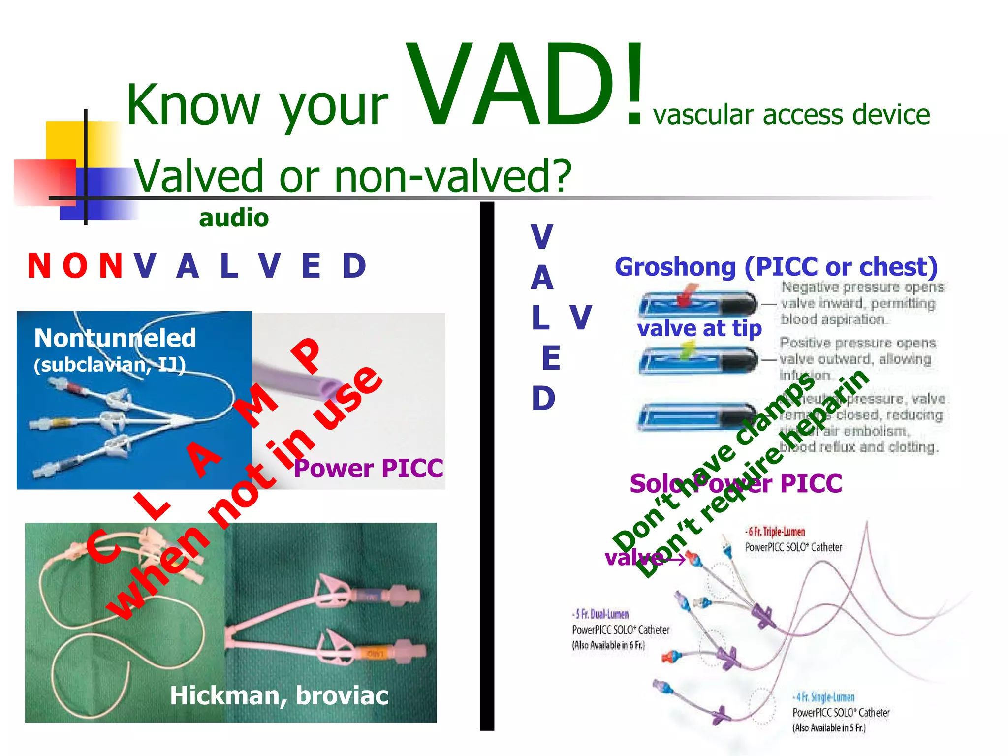 Know your  VAD! vascular access device   Valved or non-valved?    audio Hickman, broviac Power PICC Groshong (PICC or chest) Nontunneled ( subclavian, IJ) Solo Power PICC N O N  V  A  L  V  E  D V  A  L  V  E  D C  L  A  M  P when not in use Don’t have clamps Don’t require heparin valve  valve at tip 
