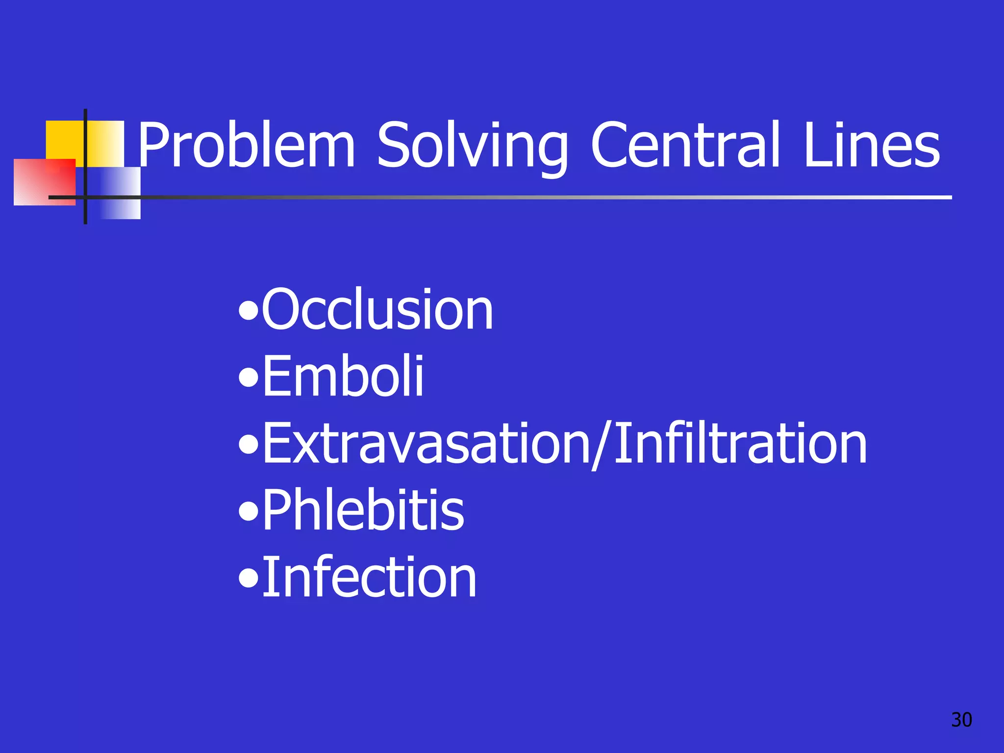 Problem Solving Central Lines Occlusion Emboli Extravasation/Infiltration Phlebitis Infection 