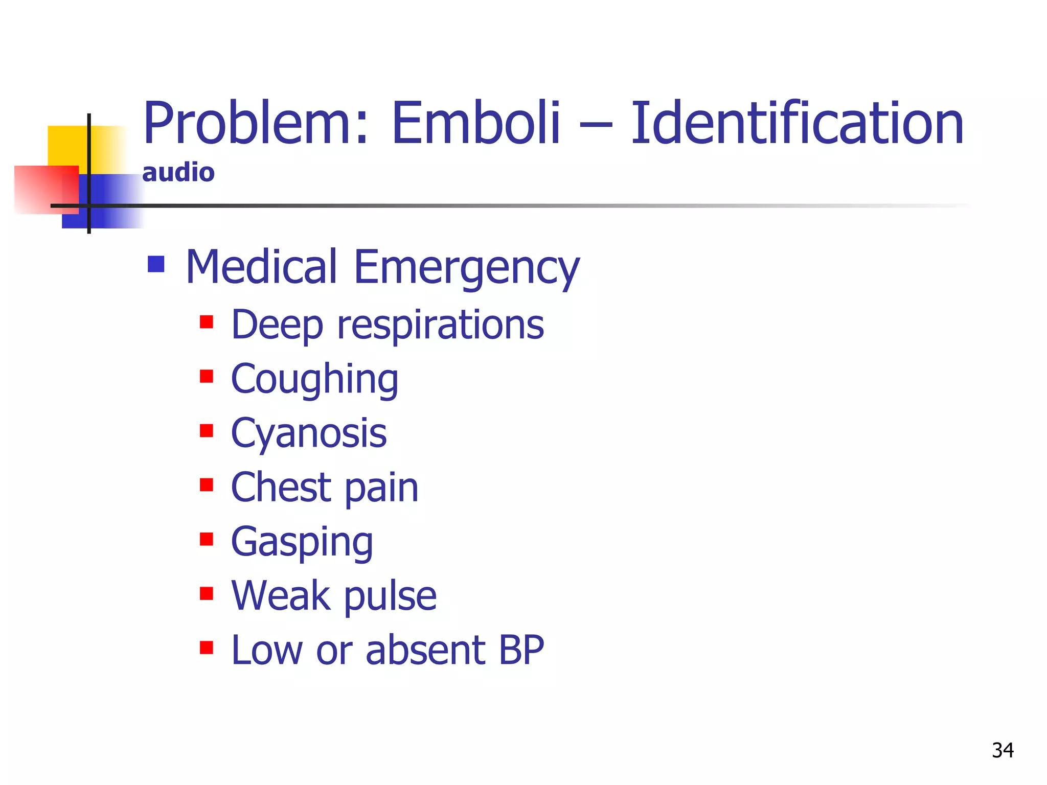 Problem: Emboli – Identification audio Medical Emergency Deep respirations Coughing Cyanosis Chest pain Gasping Weak pulse Low or absent BP 