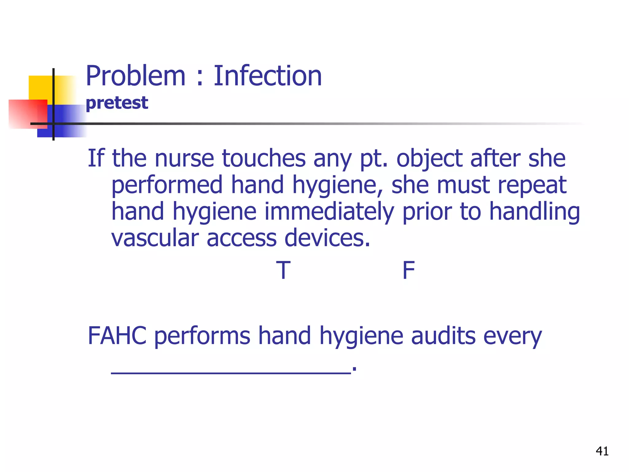 Problem : Infection  pretest If the nurse touches any pt. object after she performed hand hygiene, she must repeat hand hygiene immediately prior to handling vascular access devices. T F FAHC performs hand hygiene audits every __________________. 