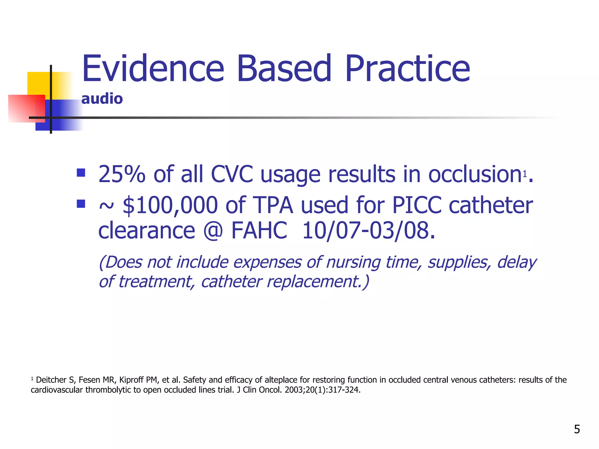 Evidence Based Practice audio 25% of all CVC usage results in occlusion 1 . ~ $100,000 of TPA used for PICC catheter clearance @ FAHC  10/07-03/08.  (Does not include expenses of nursing time, supplies, delay of treatment, catheter replacement.)  1  Deitcher S, Fesen MR, Kiproff PM, et al. Safety and efficacy of alteplace for restoring function in occluded central venous catheters: results of the cardiovascular thrombolytic to open occluded lines trial. J Clin Oncol. 2003;20(1):317-324.  