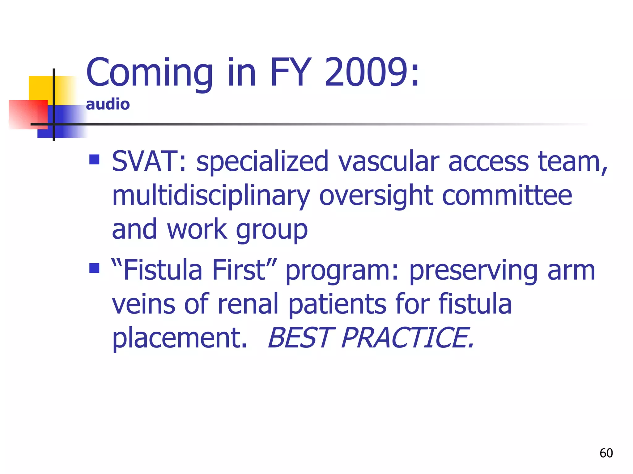 Coming in FY 2009: audio SVAT: specialized vascular access team, multidisciplinary oversight committee and work group “ Fistula First” program: preserving arm veins of renal patients for fistula placement.  BEST PRACTICE. 