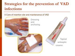 Strategies for the prevention of VAD
infections
5 Care of insertion site and maintenance of VAD
Dressing
and
anchoring
Topical
antiseptic
creams
 