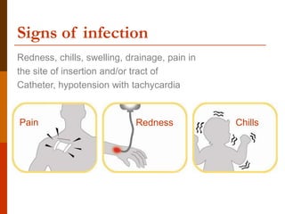 Signs of infection
Pain Redness Chills
Redness, chills, swelling, drainage, pain in
the site of insertion and/or tract of
Catheter, hypotension with tachycardia
 
