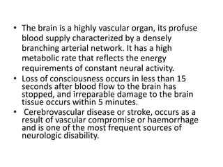 • The brain is a highly vascular organ, its profuse
blood supply characterized by a densely
branching arterial network. It...