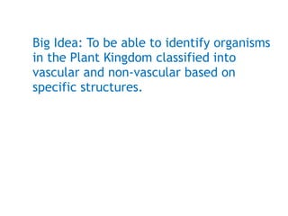 Big Idea: To be able to identify organisms
in the Plant Kingdom classified into
vascular and non-vascular based on
specific structures.
 