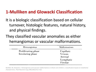 1-Mulliken and Glowacki Classification
It is a biologic classification based on cellular
turnover, histologic features, natural history,
and physical findings.
They classified vascular anomalies as either
hemangiomas or vascular malformations.
Mulliken JB, Glowacki J. Hemangiomas and vascular malformations in infants and children: a classification based on endothelial
characteristics. Plast Reconstr Surg 1982;69(3):412–422.
 
