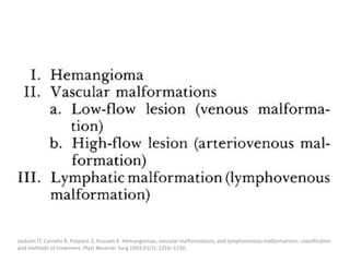 Jackson IT, Carreño R, Potparic Z, Hussain K. Hemangiomas, vascular malformations, and lymphovenous malformations: classification
and methods of treatment. Plast Reconstr Surg 1993;91(7): 1216–1230.
 