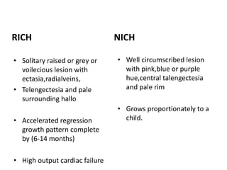 RICH
• Solitary raised or grey or
voilecious lesion with
ectasia,radialveins,
• Telengectesia and pale
surrounding hallo
• Accelerated regression
growth pattern complete
by (6-14 months)
• High output cardiac failure
NICH
• Well circumscribed lesion
with pink,blue or purple
hue,central talengectesia
and pale rim
• Grows proportionately to a
child.
 