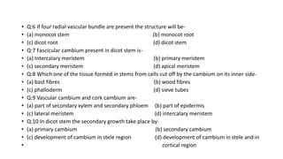• Q:6 If four radial vascular bundle are present the structure will be-
• (a) monocot stem (b) monocot root
• (c) dicot root (d) dicot stem
• Q:7 Fascicular cambium present in dicot stem is-
• (a) Intercalary meristem (b) primary meristem
• (c) secondary meristem (d) apical meristem
• Q:8 Which one of the tissue formed in stems from cells cut off by the cambium on its inner side-
• (a) bast fibres (b) wood fibres
• (c) phalloderm (d) sieve tubes
• Q:9 Vascular cambium and cork cambium are-
• (a) part of secondary xylem and secondary phloem (b) part of epidermis
• (c) lateral meristem (d) intercalary meristem
• Q:10 In dicot stem the secondary growth take place by-
• (a) primary cambium (b) secondary cambium
• (c) development of cambium in stele region (d) development of cambium in stele and in
• cortical region
 