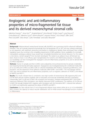 Angiogenic and anti-inflammatory properties of micro-fragmented fat tissue and its derived mesenchymal stromal cell