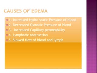  1. Increased Hydro static Pressure of blood
 2. Decreased Osmotic Pressure of blood
 3. Increased Capillary permeability
 4. Lymphatic obstruction
 5. Slowed flow of blood and lymph
 