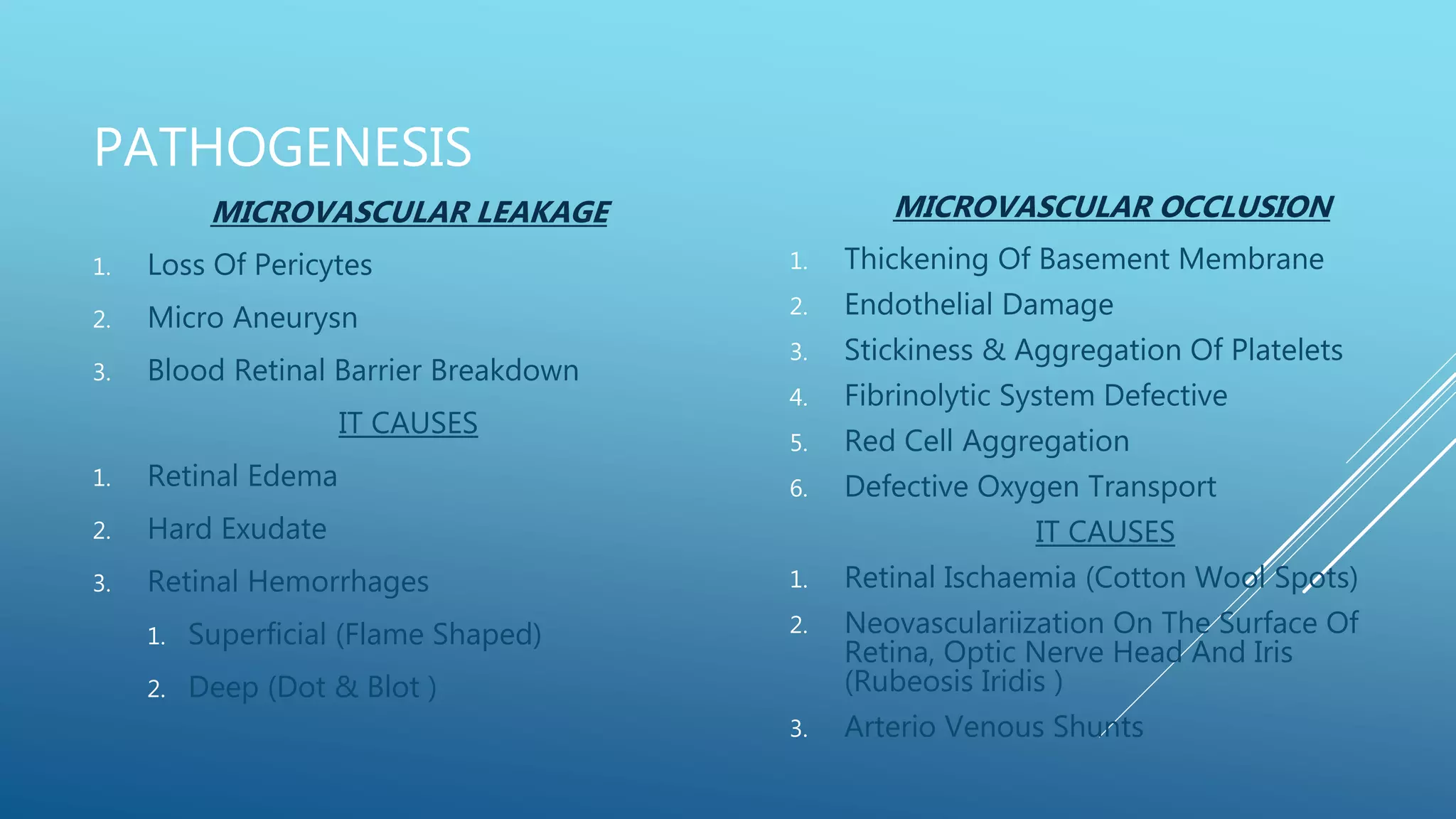 PATHOGENESIS
MICROVASCULAR LEAKAGE
1. Loss Of Pericytes
2. Micro Aneurysn
3. Blood Retinal Barrier Breakdown
IT CAUSES
1. Retinal Edema
2. Hard Exudate
3. Retinal Hemorrhages
1. Superficial (Flame Shaped)
2. Deep (Dot & Blot )
MICROVASCULAR OCCLUSION
1. Thickening Of Basement Membrane
2. Endothelial Damage
3. Stickiness & Aggregation Of Platelets
4. Fibrinolytic System Defective
5. Red Cell Aggregation
6. Defective Oxygen Transport
IT CAUSES
1. Retinal Ischaemia (Cotton Wool Spots)
2. Neovasculariization On The Surface Of
Retina, Optic Nerve Head And Iris
(Rubeosis Iridis )
3. Arterio Venous Shunts
 