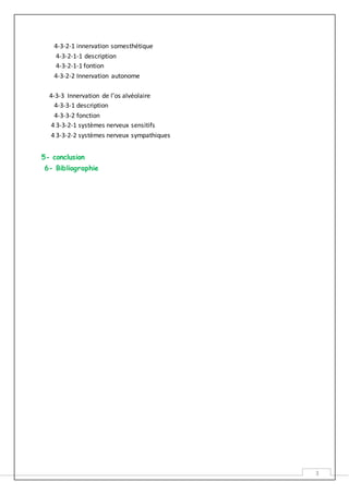 3
4-3-2-1 innervation somesthétique
4-3-2-1-1 description
4-3-2-1-1 fontion
4-3-2-2 Innervation autonome
4-3-3 Innervation de l’os alvéolaire
4-3-3-1 description
4-3-3-2 fonction
4 3-3-2-1 systèmes nerveux sensitifs
4 3-3-2-2 systèmes nerveux sympathiques
5- conclusion
6- Bibliographie
 