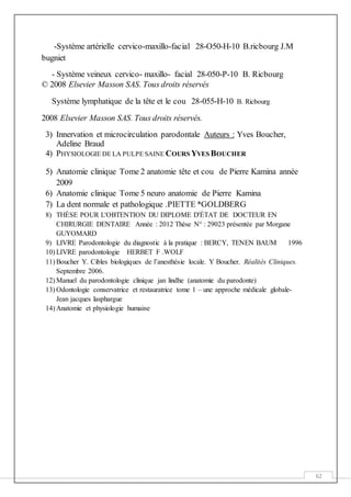62
-Système artérielle cervico-maxillo-facial 28-O50-H-10 B.ricbourg J.M
bugniet
- Système veineux cervico- maxillo- facial 28-050-P-10 B. Ricbourg
© 2008 Elsevier Masson SAS. Tous droits réservés
Système lymphatique de la tête et le cou 28-055-H-10 B. Ricbourg
2008 Elsevier Masson SAS. Tous droits réservés.
3) Innervation et microcirculation parodontale Auteurs : Yves Boucher,
Adeline Braud
4) PHYSIOLOGIE DE LA PULPE SAINE COURS YVES BOUCHER
5) Anatomie clinique Tome 2 anatomie tête et cou de Pierre Kamina année
2009
6) Anatomie clinique Tome 5 neuro anatomie de Pierre Kamina
7) La dent normale et pathologique .PIETTE *GOLDBERG
8) THÈSE POUR L'OBTENTION DU DIPLOME D'ÉTAT DE DOCTEUR EN
CHIRURGIE DENTAIRE Année : 2012 Thèse N° : 29023 présentée par Morgane
GUYOMARD
9) LIVRE Parodontologie du diagnostic à la pratique : BERCY, TENEN BAUM 1996
10) LIVRE parodontologie HERBET F .WOLF
11) Boucher Y. Cibles biologiques de l’anesthésie locale. Y Boucher. Réalités Cliniques.
Septembre 2006.
12) Manuel du parodontologie clinique jan lindhe (anatomie du parodonte)
13) Odontologie conservatrice et restauratrice tome 1 – une approche médicale globale-
Jean jacques lasphargue
14) Anatomie et physiologie humaine
 