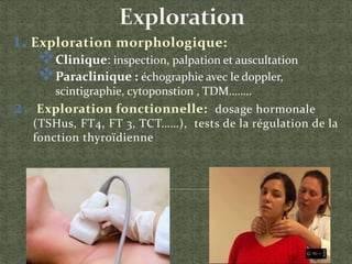 1. Exploration morphologique:
Clinique: inspection, palpation et auscultation
Paraclinique : échographie avec le doppler,
scintigraphie, cytoponstion , TDM……..
2. Exploration fonctionnelle: dosage hormonale
(TSHus, FT4, FT 3, TCT……), tests de la régulation de la
fonction thyroïdienne
 