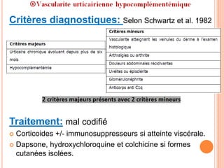 Critères diagnostiques: Selon Schwartz et al. 1982
Traitement: mal codifié
 Corticoides +/- immunosuppresseurs si atteinte viscérale.
 Dapsone, hydroxychloroquine et colchicine si formes
cutanées isolées.
 