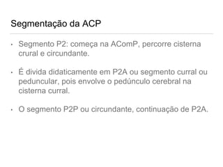 Segmentação da ACP
• Segmento P2: começa na AComP, percorre cisterna
crural e circundante.
• É divida didaticamente em P2A ou segmento curral ou
peduncular, pois envolve o pedúnculo cerebral na
cisterna curral.
• O segmento P2P ou circundante, continuação de P2A.
 