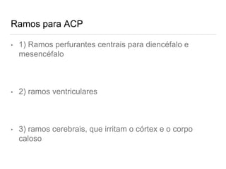 Ramos para ACP
• 1) Ramos perfurantes centrais para diencéfalo e
mesencéfalo
• 2) ramos ventriculares
• 3) ramos cerebrais, que irritam o córtex e o corpo
caloso
 
